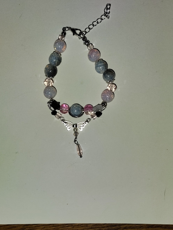Jewelry - Handmade Blue & Pink Beaded Bracelet with Silver Angel Accent